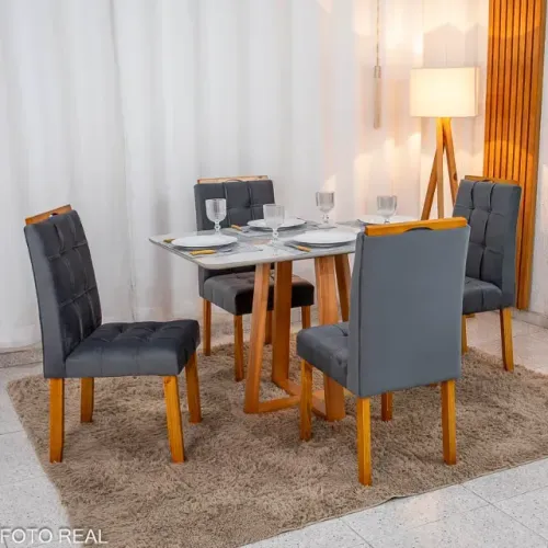 Mesa de Jantar Bali 120×80 Vidro Off 4 Cad Londres Veludo Chumbo Madeira - Entrega Rápida!