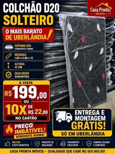 Colchão Solteiro D20 88x188 | O Mais Barato de Uberlândia | Entrega Grátis