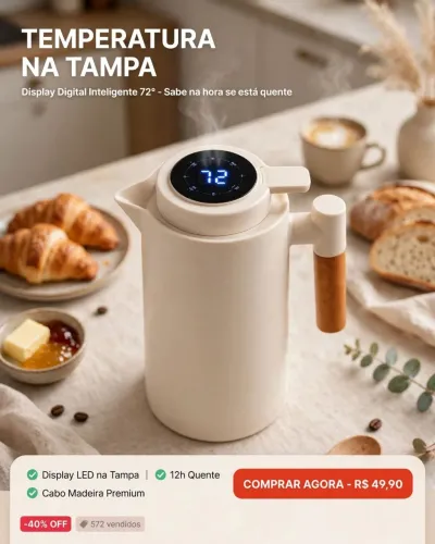 Garrafa Térmica 1 Litro com Display de Temperatura e Cabo Madeira<br>