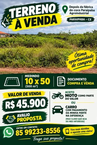Terreno localizado em paraipaba, tamanho 10 por 50