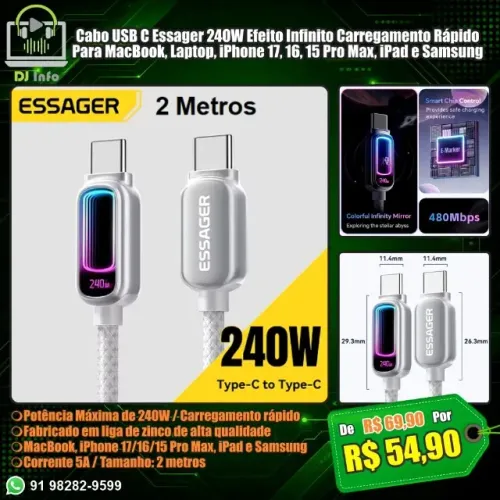 Cabo USB C Essager 240W Efeito Infinito Carregamento Rápido