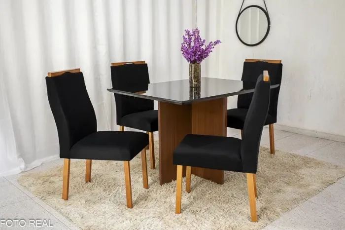 Mesa de Jantar 120×90 Tampo MDF Vidro Preto 4 Cadeiras rf543