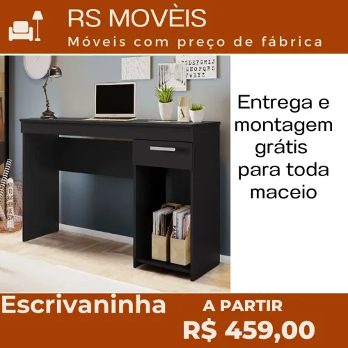 Escrivaninha Preta Moderna com Gaveta e Prateleira - Entrega Grátis!