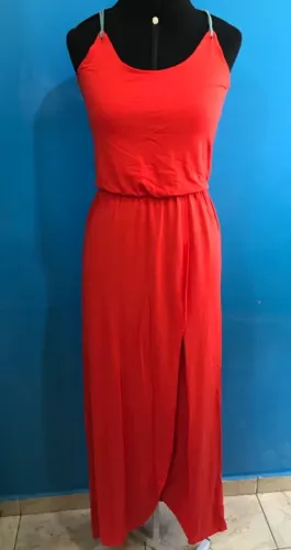 Vestido Longo Festa Totem Tamanho P Cor Laranja Alça Fina Com Fenda na Perna Acinturado