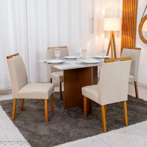 Mesa de Jantar 120×90 Vidro+ 4 Cadeiras Madeira Maciça