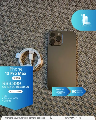 IPHONE 13 PRO MAX, 128GB, GRAFITE, BATERIA 100%, SEMINOVO, EXCLUSIVO!