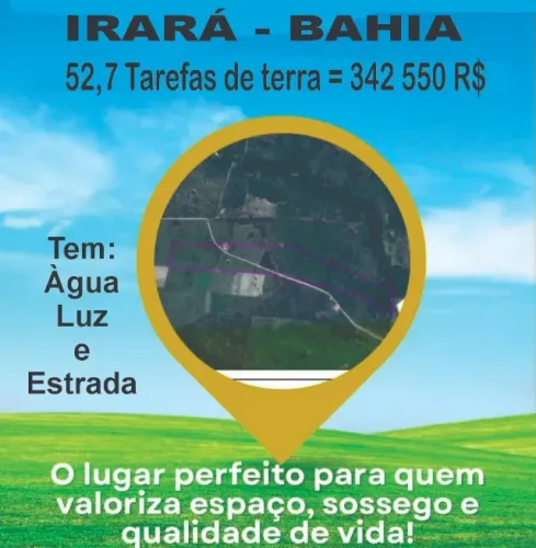 Vendo terreno com 52,7 tarefas de terra. Possui ponto de água, energia elétrica e caminho.