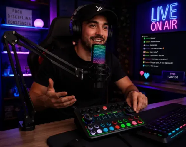 Mesa pra Live com microfone RGB condesador