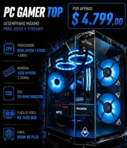 PC Gamer Ryzen 7 5700X 4.6Ghz / WC 240mm /Mem 16Gb / SSD 1Tb / RX 7600 8Gb (aceito cartão)