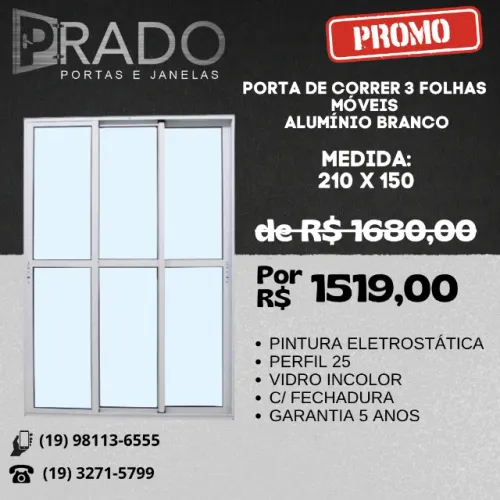 Porta de correr 3 folhas móveis alumínio (branco e preto) linha 25