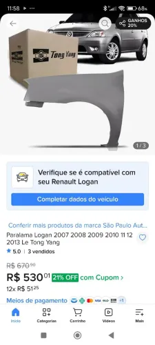Paralama dianteiro esquerdo renolt Logan sedan 2007 a 2013