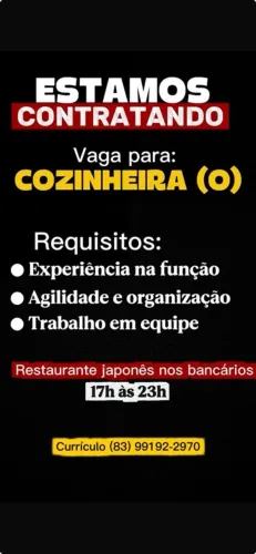Vaga de emprego- Cozinheira (o)