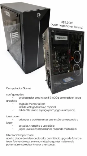 Computador Gamer Ryzen 5 16GB SSD + HD