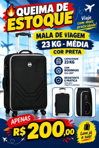 Promoção Mala de viagem 23kg Média cor Preta com rodinhas Novo Queima de estoque