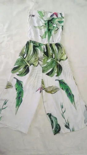 Macacão Pantalona tomara que caia estampa tropical