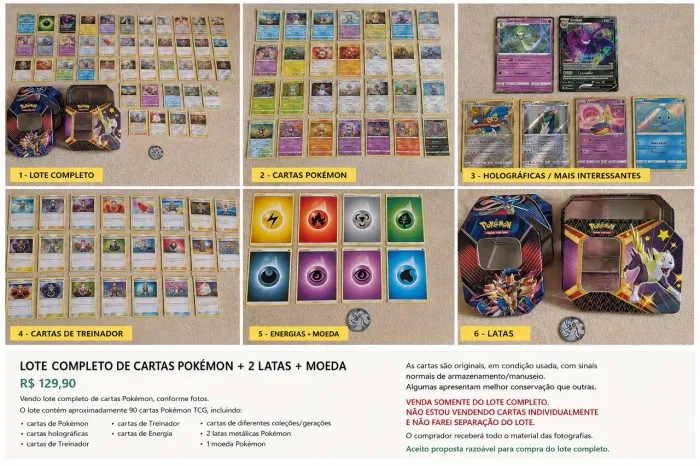 LOTE COMPLETO DE CARTAS POKÉMON + 2 LATAS + MOEDA R$ 129,90