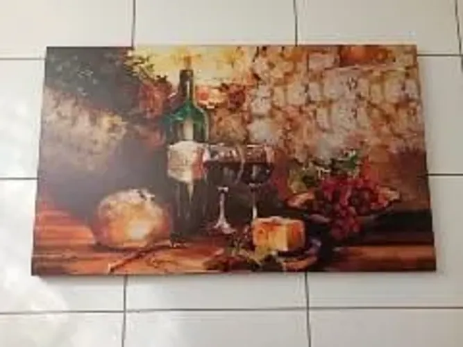 Quadro para sala de jantar, natureza morta, vinho e queijo