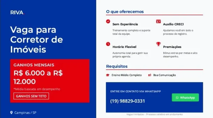 Vaga de Corretor(a) de Imóveis - Riva Incorporadora (Campinas/SP)