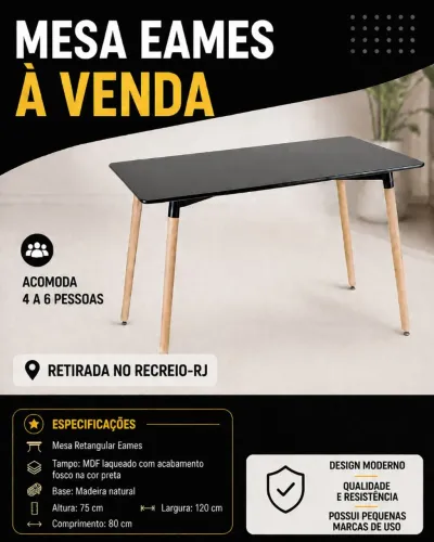 Mesa de Jantar 4 Lugares Preta 120x80 | MDF e Pés de Madeira