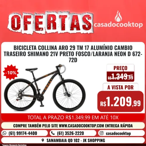 BICICLETA COLLINA ARO 29 TM 17 ALUMÍNIO CAMBIO TRASEIRO SHIMANO 21V PRETO FOSCO/LARANJA