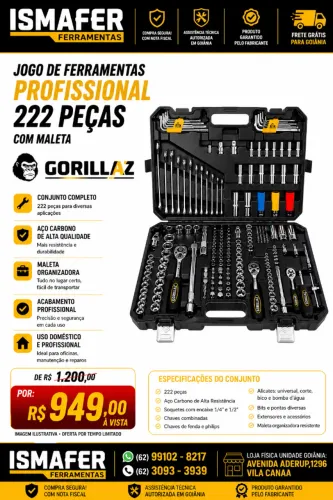 Kit Ferramentas Gorillaz 222 Peças Aço Cromo Vanádio Soquete Maleta