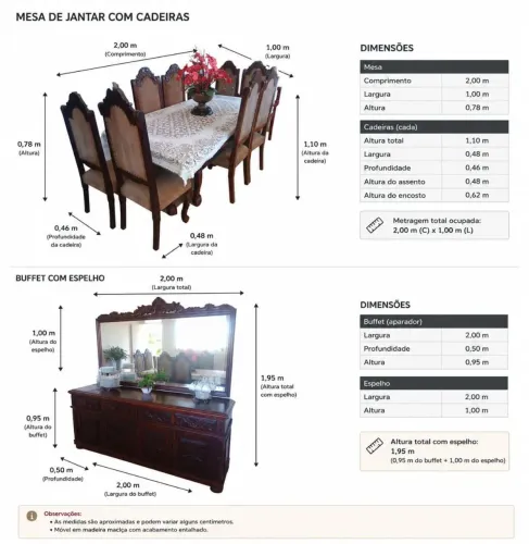 Mesa de jantar completa em madeira maciça + 8 cadeiras + buffet com espelho