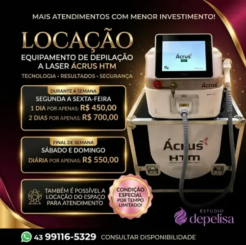Locação de Aparelho de Depilação a Laser Ácrus HTM e Aluguel de Espaço