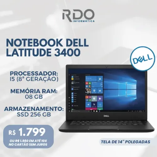 Notebook Dell Latitude 3400 i5 8ª 8GB SSD 256GB 14" Notebook ideal para trabalhar 