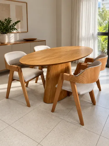 Mesa Oval em Lâmina Cinamomo com 4 Cadeiras de Madeira Maciça Nova