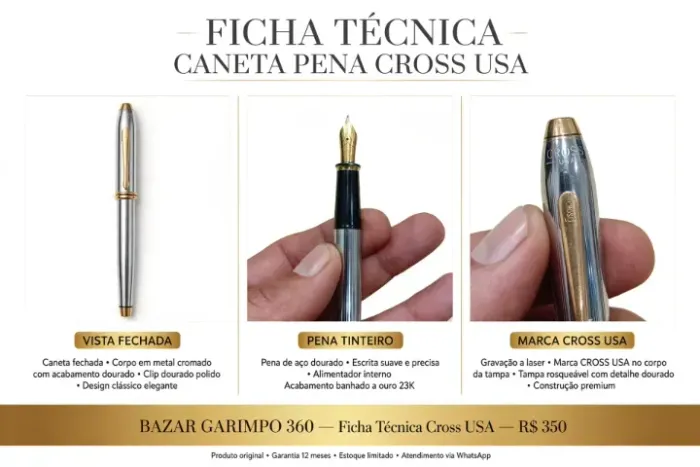 Caneta Tinteiro Cross USA Vintage Townsend Prata Pinstripe Ouro 23KT - Pena Ouro -