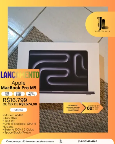 MACBOOK PRO M5, COM CHIP M5 PRO, 1TB, 24GB RAM, ANO 2026, SEMINOVO NA GARANTIA, EXCLUSIVO!