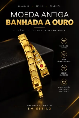 Pulseira masculina moeda antiga banhada a ouro