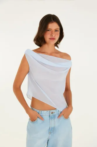 Blusa Farm Ombro Transparência Azul Clara - Nova com Etiqueta (Tam P