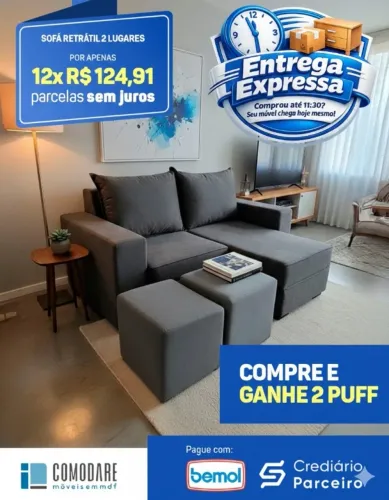 Sofá Retrátil 2 Lugares + 2 Puff Grátis | Entrega Hoje