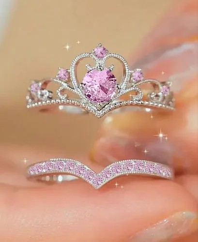Conjunto de anéis coroa pedras rosa TAM 18
