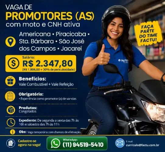 Vagas para Promotores (as em várias regiões como Americana, S. José dos Campos entre outra