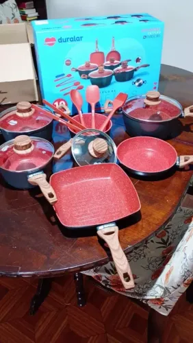 Jogo de Panela Cerâmica Antiaderente Indução 10 Pçs Fogão Cooktop Vermelho Duralar