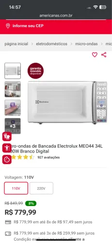 Vendo Micro-ondas de Bancada Electrolux ME044 34l
