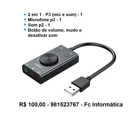 Placa de som orico usb 100,00 (PC, notebook, ps4, ps5)