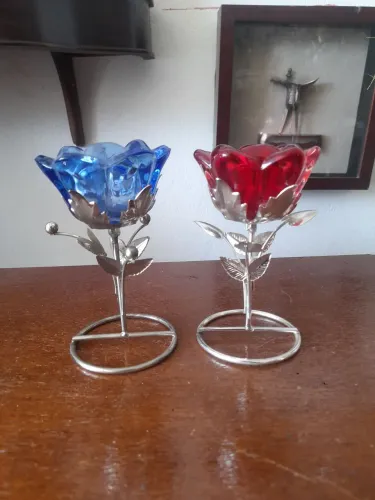 Par de castiçais flor de vidro