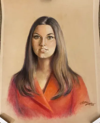 Antiga Pintura Retrato Feminino - Pastel de Óleo