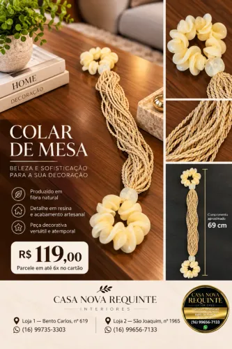 Colar de Mesa em Fibra Natural com Flores Decorativas em Tom Marfim