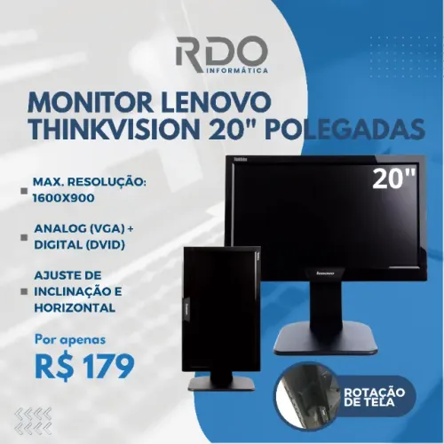 Monitor Lenovo ThinkVision 20" VGA DVID Rotação Tela | 1600x900 | R$179! Alta qualidade!