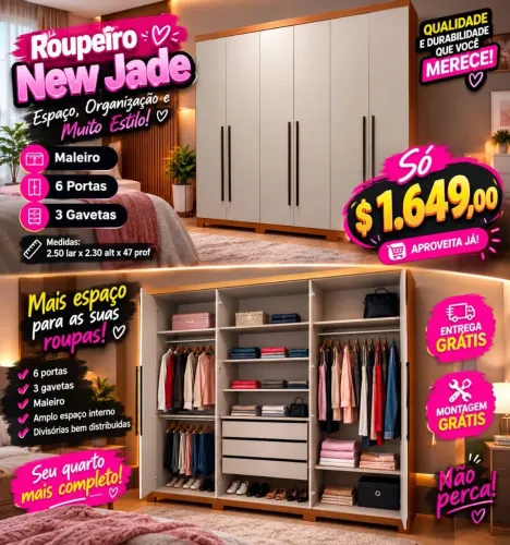 Roupeiro de casal New Jade novo na promoção $1649. Entrega e montagem grátis ?