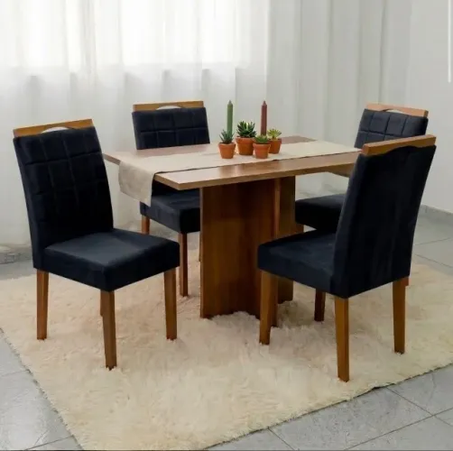 Conjunto de Jantar Atlântica 4 Lugares Cinamomo e Off White com Cadeiras Veludo Preto