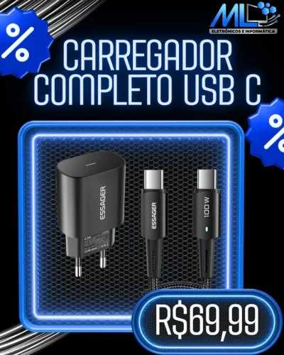 Carregador Turbo USB-C 25w Essager + Cabo USB-C 2 metros100W