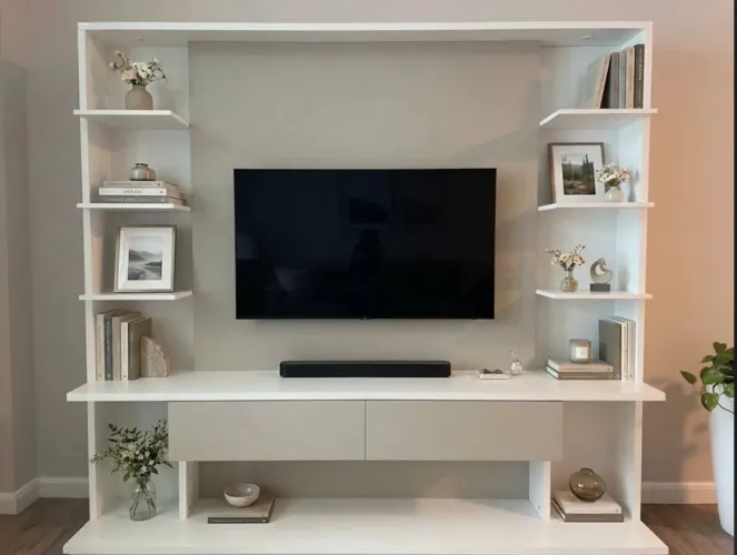 Estante rack com painel, gavetas e luminária propria