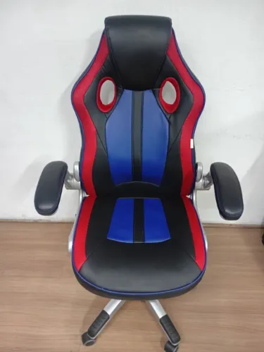 Cadeira Gamer Couro PU Preta detalhes em Vermelha e Azul 