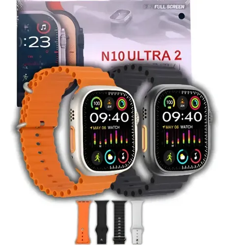 Relogio Smartwatch Ultra 2 N10 4 Pulseriras Nfc Preto Milanês Preto/laranja Dourado