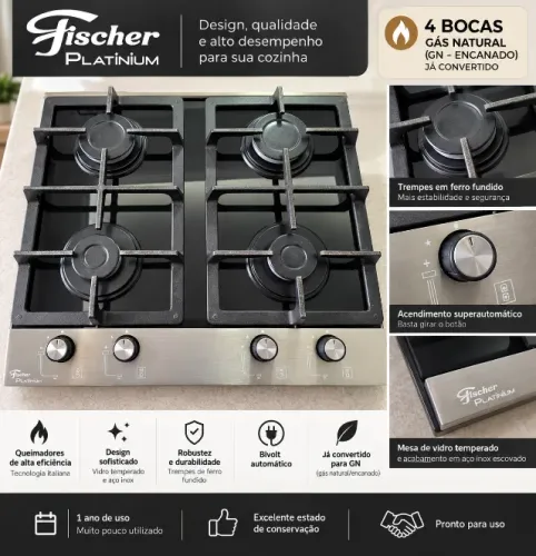Cooktop Fischer Platinium 4 Bocas Vidro Temperado Preto - Pouco Uso